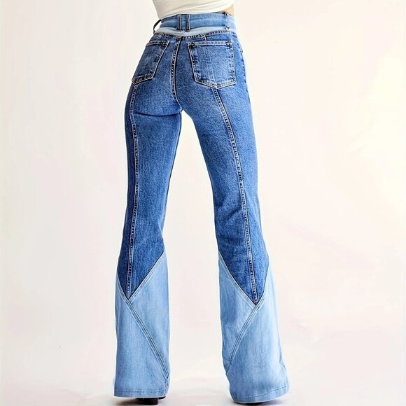 Denim Cotton Patchwork Hi-Waist Flared Blue Jeans - Picture 2 of 6